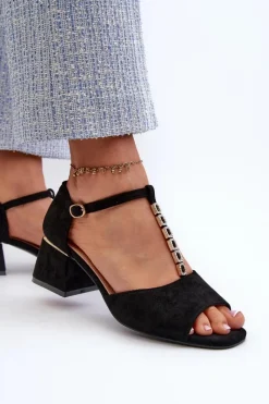 New Buty damskie Vinceza Sandały Damskie Na Obcasie Klocku Z Ozdobnym Paskiem Eko Zamszowe Czarne Obivena