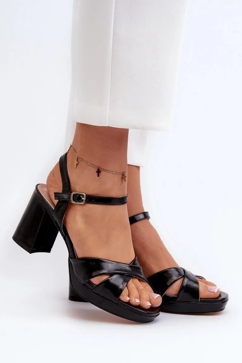 Sandały Na Słupku|Sandały Na Obcasie>Evento Sandały Damskie Na Obcasie Słupku Eko Skórzane Czarne Jatine Czarny