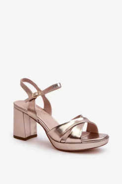 New Sandały Damskie Na Obcasie Słupku Eko Skórzane Złote Jatine Damskie Sandały Na Obcasie