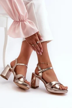 New Sandały Damskie Na Obcasie Słupku Eko Skórzane Złote Jatine Damskie Sandały Na Obcasie