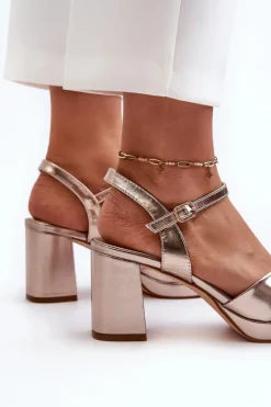 New Sandały Damskie Na Obcasie Słupku Eko Skórzane Złote Jatine Damskie Sandały Na Obcasie