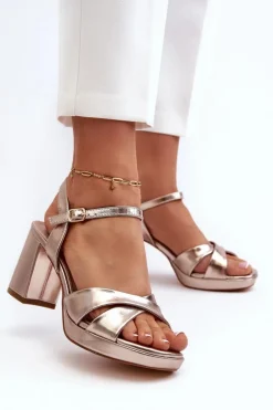 New Sandały Damskie Na Obcasie Słupku Eko Skórzane Złote Jatine Damskie Sandały Na Obcasie
