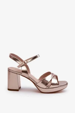 New Sandały Damskie Na Obcasie Słupku Eko Skórzane Złote Jatine Damskie Sandały Na Obcasie