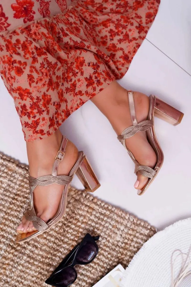 Hot Boto Sandały Damskie Na Obcasie Sznurek Champagne Navian