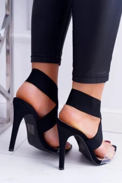 Hot Boto Sandały Damskie Na Obcasie Szeroki Pasek Czarne Lights