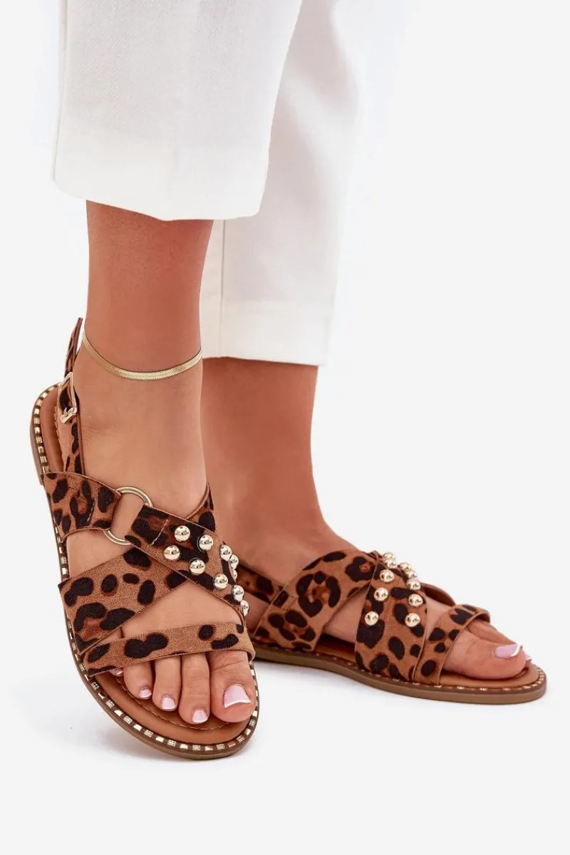 Sandały Płaskie>Boto Sandały Damskie Na Płaskim Obcasie Ze Złotymi Ćwiekami Panterka Zanira Brązowy