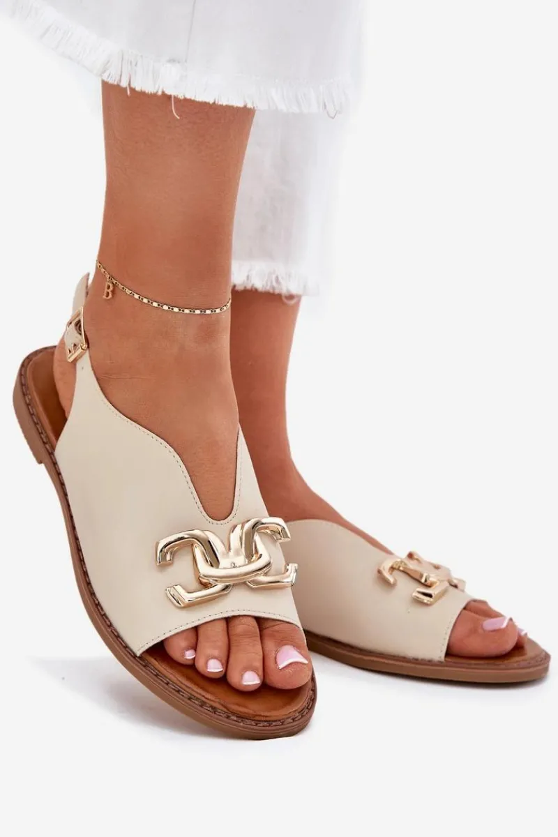 Discount Evento Sandały Damskie Na Płaskim Obcasie Ze Złotą Ozdobą Beżowe Amelira Beżowy