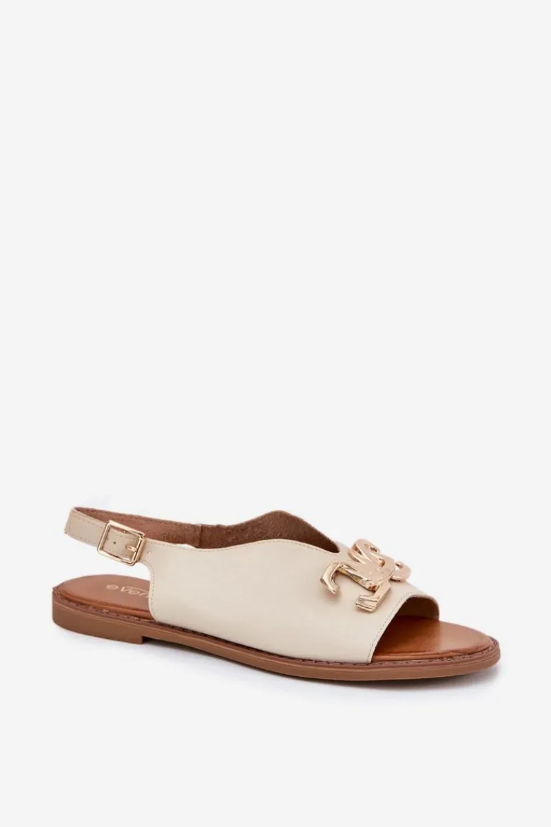 Discount Evento Sandały Damskie Na Płaskim Obcasie Ze Złotą Ozdobą Beżowe Amelira Beżowy