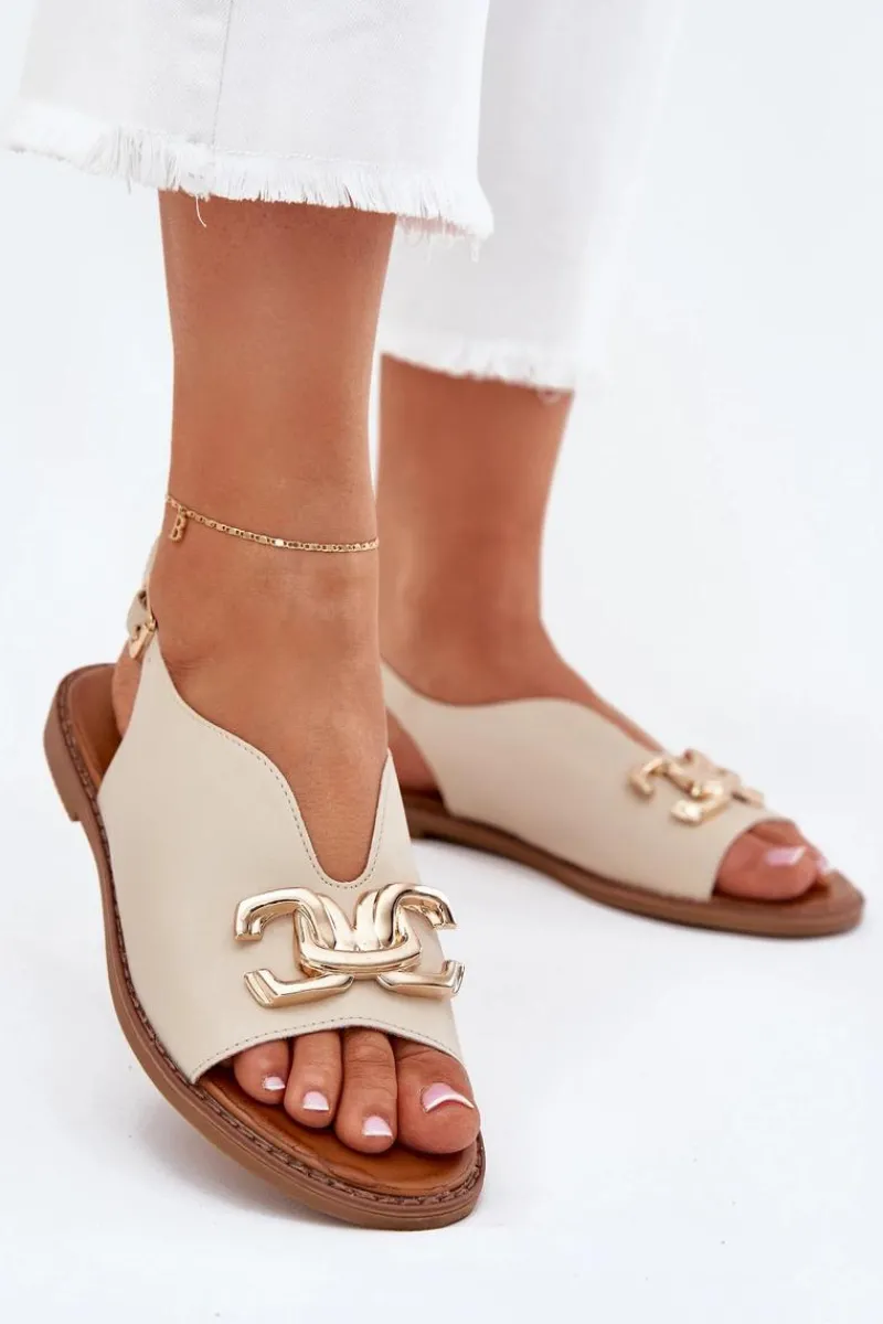 Discount Evento Sandały Damskie Na Płaskim Obcasie Ze Złotą Ozdobą Beżowe Amelira Beżowy