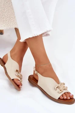 Discount Evento Sandały Damskie Na Płaskim Obcasie Ze Złotą Ozdobą Beżowe Amelira Beżowy