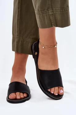 Sandały Płaskie>Evento Sandały Damskie Na Płaskim Obcasie Eko Skórzane Czarne Dereka