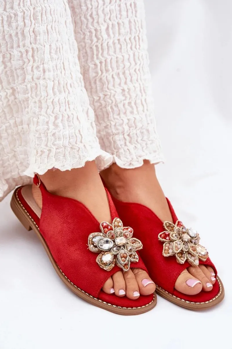 New Damskie buty S.Barski Sandały Damskie Na Płaskim Obcasie Z Ozdobą S.Barski KV27-001 Czerwone Czerwony