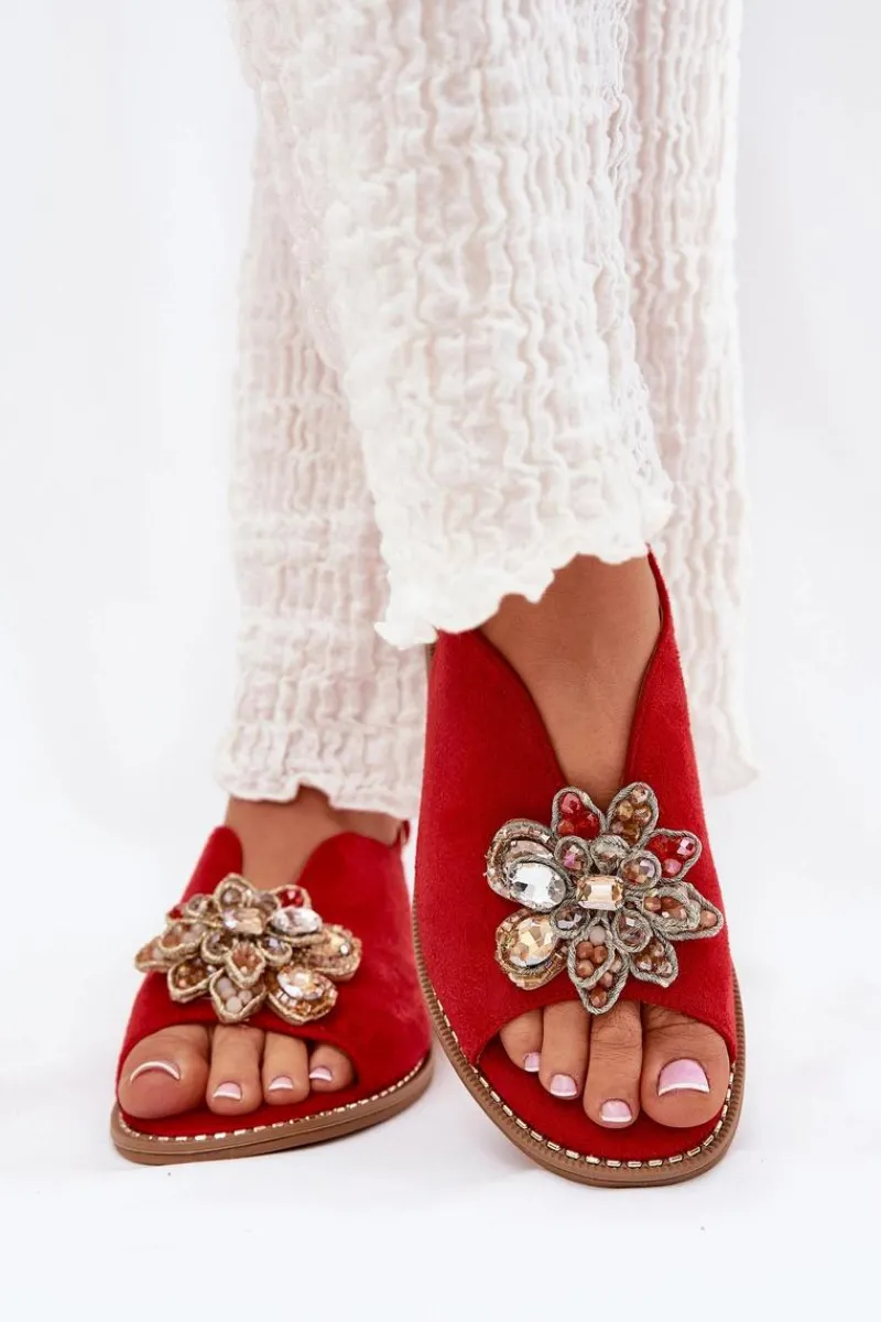 New Damskie buty S.Barski Sandały Damskie Na Płaskim Obcasie Z Ozdobą S.Barski KV27-001 Czerwone Czerwony