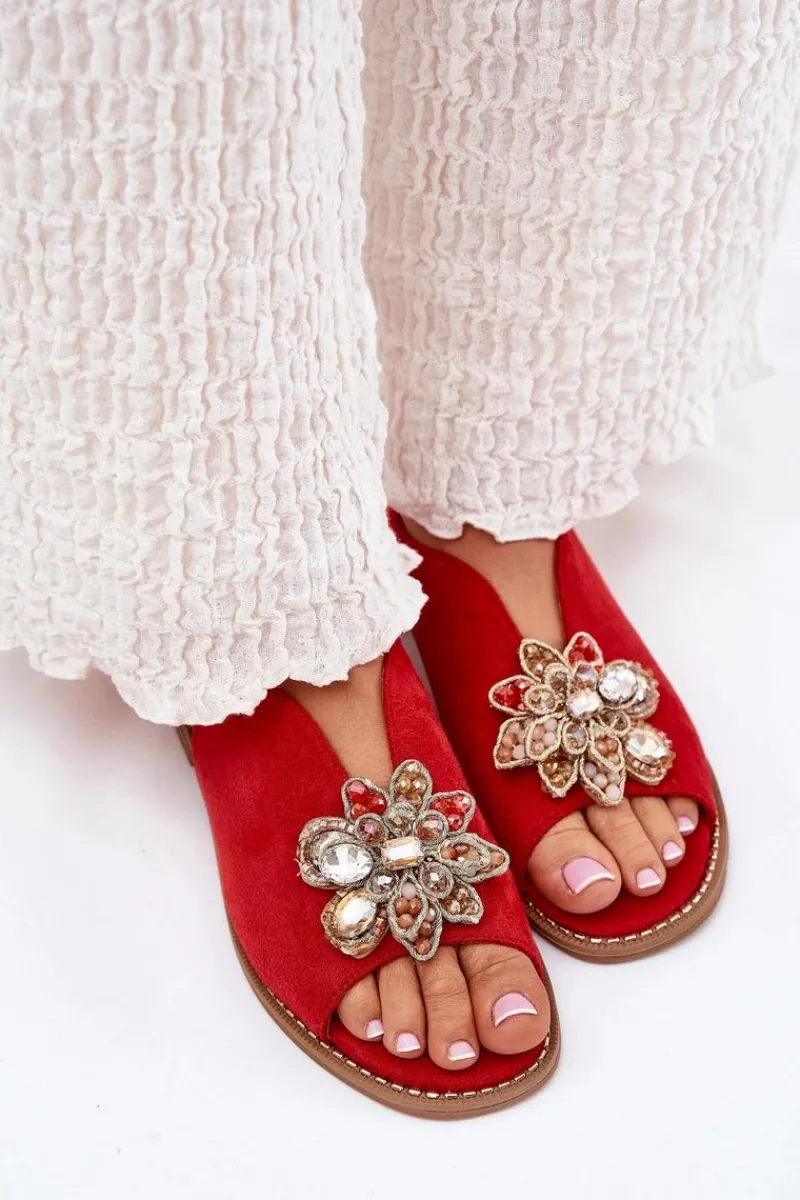 New Damskie buty S.Barski Sandały Damskie Na Płaskim Obcasie Z Ozdobą S.Barski KV27-001 Czerwone Czerwony