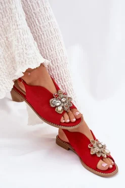 New Damskie buty S.Barski Sandały Damskie Na Płaskim Obcasie Z Ozdobą S.Barski KV27-001 Czerwone Czerwony