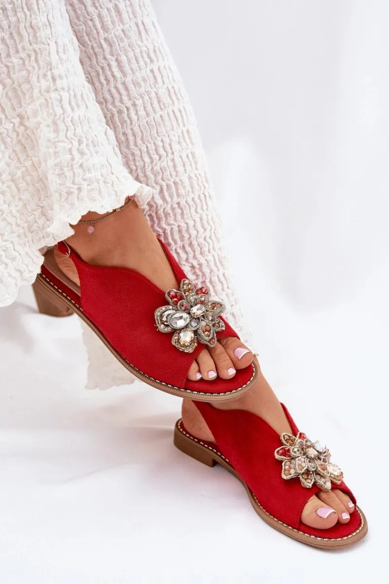 New Damskie buty S.Barski Sandały Damskie Na Płaskim Obcasie Z Ozdobą S.Barski KV27-001 Czerwone Czerwony