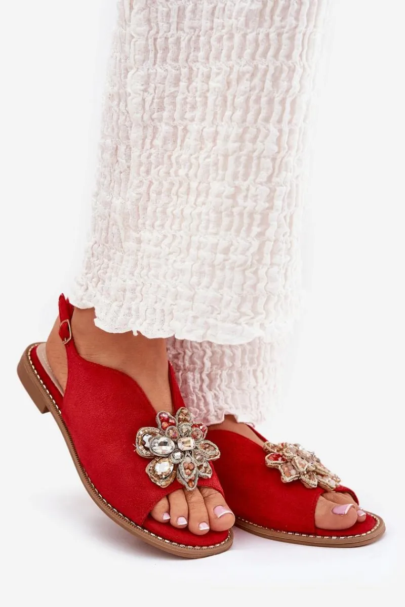 New Damskie buty S.Barski Sandały Damskie Na Płaskim Obcasie Z Ozdobą S.Barski KV27-001 Czerwone Czerwony