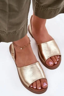 Hot Sandały Damskie Na Płaskim Obcasie Eko Skórzane Złote Dereka Damskie Sandały Płaskie