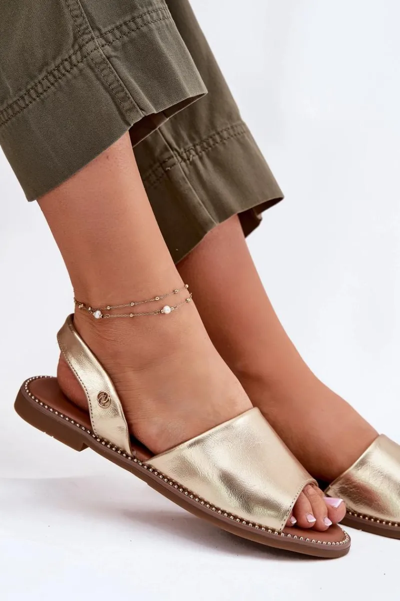Hot Sandały Damskie Na Płaskim Obcasie Eko Skórzane Złote Dereka Damskie Sandały Płaskie