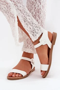 Hot Boto Sandały Damskie Na Płaskim Obcasie Eko Skórzane Białe Kivara