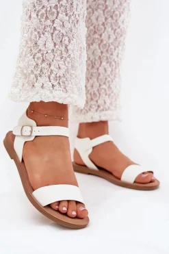 Hot Boto Sandały Damskie Na Płaskim Obcasie Eko Skórzane Białe Kivara