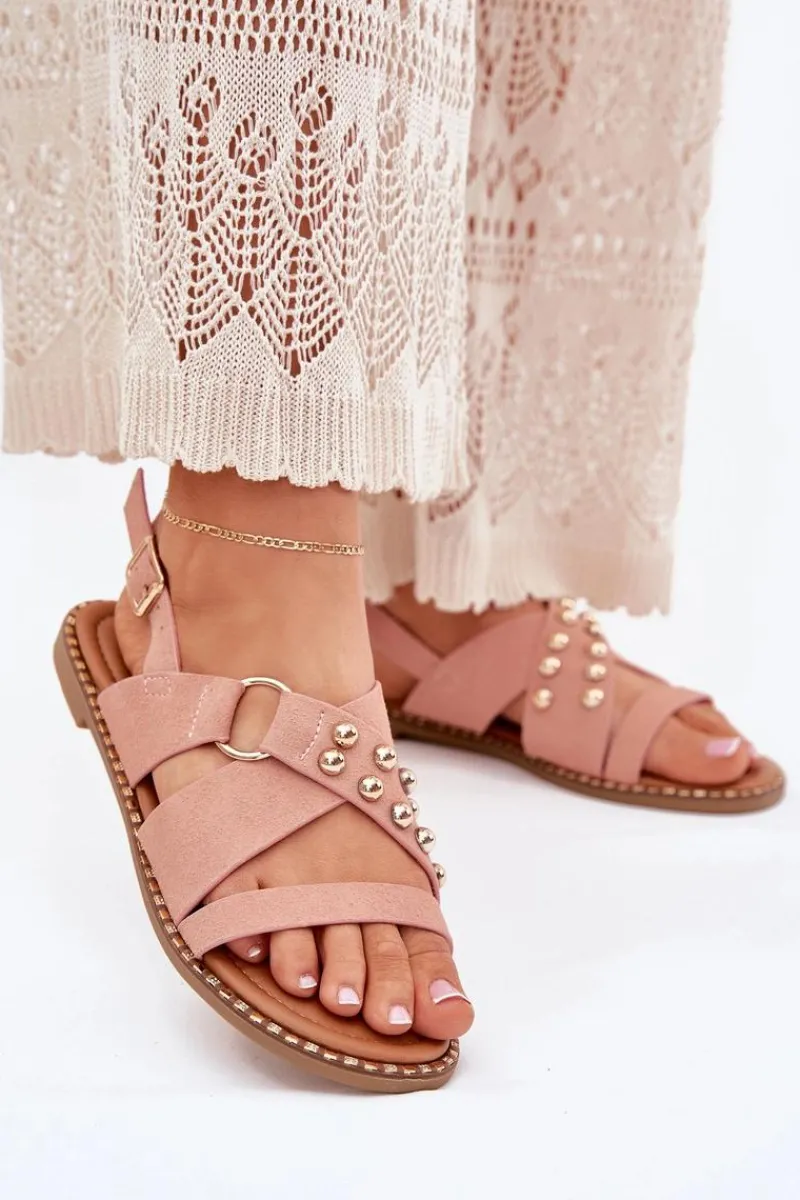 Hot Sandały Damskie Na Płaskim Obcasie Ze Złotymi Ćwiekami Różowe Zanira Damskie Sandały Płaskie