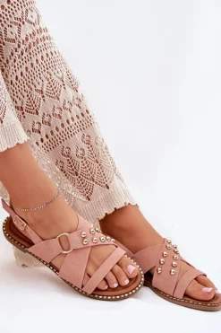Hot Sandały Damskie Na Płaskim Obcasie Ze Złotymi Ćwiekami Różowe Zanira Damskie Sandały Płaskie