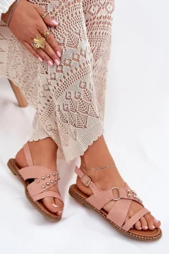 Hot Sandały Damskie Na Płaskim Obcasie Ze Złotymi Ćwiekami Różowe Zanira Damskie Sandały Płaskie