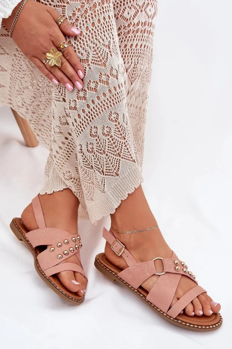 Hot Sandały Damskie Na Płaskim Obcasie Ze Złotymi Ćwiekami Różowe Zanira Damskie Sandały Płaskie