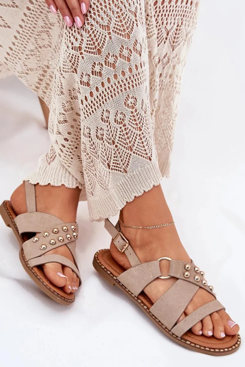 Sale Boto Sandały Damskie Na Płaskim Obcasie Ze Złotymi Ćwiekami Beżowe Zanira Beżowy