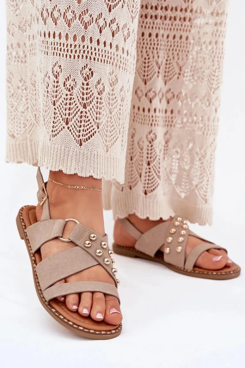 Sale Boto Sandały Damskie Na Płaskim Obcasie Ze Złotymi Ćwiekami Beżowe Zanira Beżowy