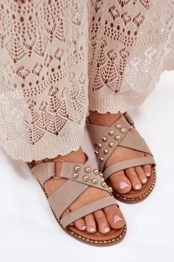 Sale Boto Sandały Damskie Na Płaskim Obcasie Ze Złotymi Ćwiekami Beżowe Zanira Beżowy