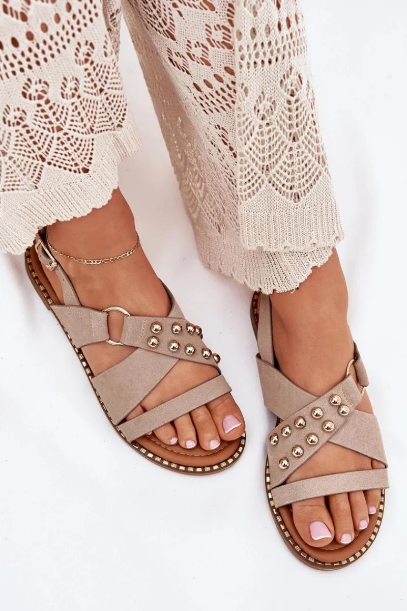 Sale Boto Sandały Damskie Na Płaskim Obcasie Ze Złotymi Ćwiekami Beżowe Zanira Beżowy