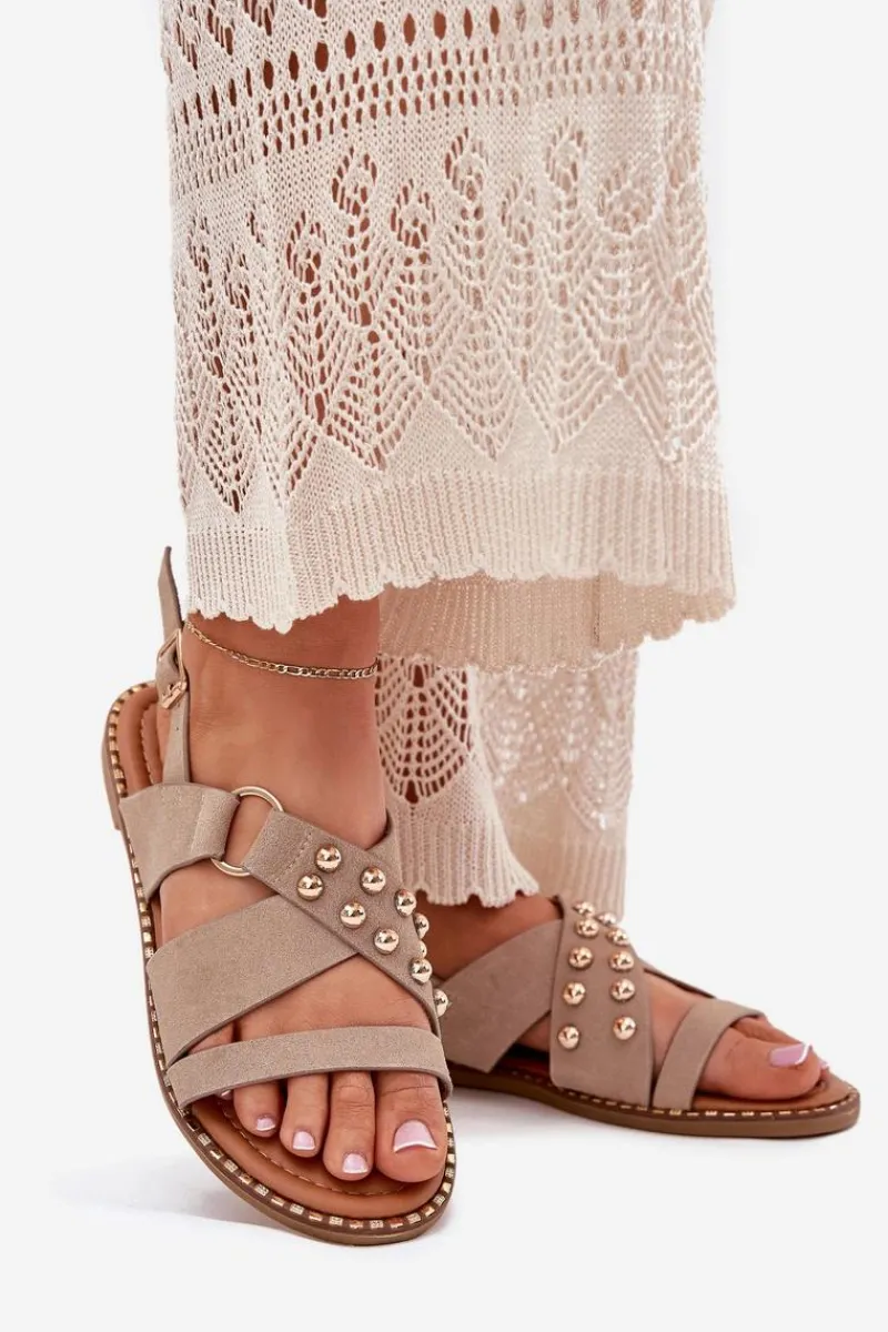 Sale Boto Sandały Damskie Na Płaskim Obcasie Ze Złotymi Ćwiekami Beżowe Zanira Beżowy