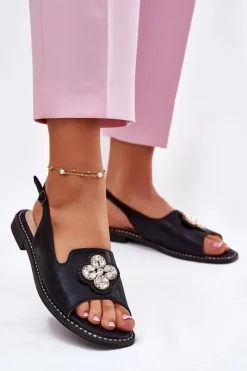 Online Sandały Damskie Na Płaskim Obcasie Z Ozdobnym Detalem S.Barski KV51-080 Czarne Damskie Sandały Płaskie
