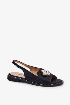 Online Sandały Damskie Na Płaskim Obcasie Z Ozdobnym Detalem S.Barski KV51-080 Czarne Damskie Sandały Płaskie