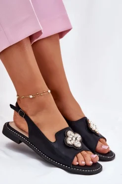 Online Sandały Damskie Na Płaskim Obcasie Z Ozdobnym Detalem S.Barski KV51-080 Czarne Damskie Sandały Płaskie