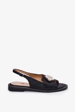 Online Sandały Damskie Na Płaskim Obcasie Z Ozdobnym Detalem S.Barski KV51-080 Czarne Damskie Sandały Płaskie