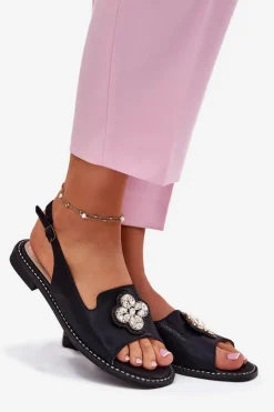 Online Sandały Damskie Na Płaskim Obcasie Z Ozdobnym Detalem S.Barski KV51-080 Czarne Damskie Sandały Płaskie