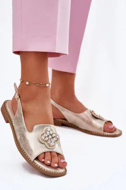 Sale Damskie buty S.Barski Sandały Damskie Na Płaskim Obcasie Z Ozdobnym Detalem S.Barski KV51-080 Złote Złoty