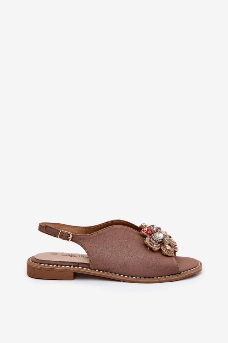 Hot Sandały Damskie Na Płaskim Obcasie Z Ozdobą S.Barski KV27-001 Ciemnobeżowe Damskie Sandały Z Cholewką|Sandały Płaskie