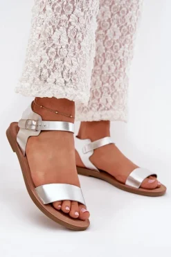 Best Boto Sandały Damskie Na Płaskim Obcasie Eko Skórzane Srebrne Kivara Srebrny