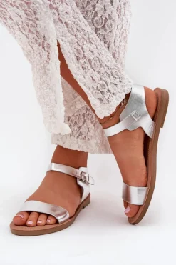 Best Boto Sandały Damskie Na Płaskim Obcasie Eko Skórzane Srebrne Kivara Srebrny