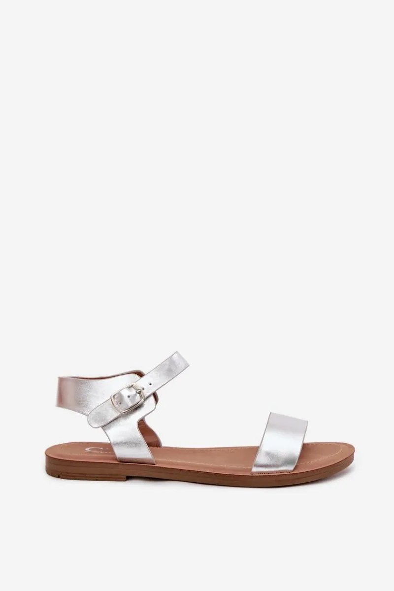 Best Boto Sandały Damskie Na Płaskim Obcasie Eko Skórzane Srebrne Kivara Srebrny