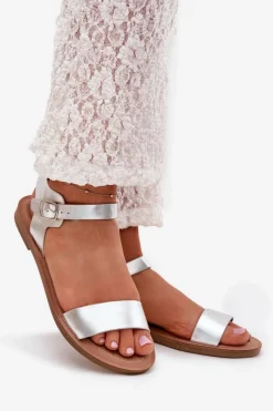 Best Boto Sandały Damskie Na Płaskim Obcasie Eko Skórzane Srebrne Kivara Srebrny