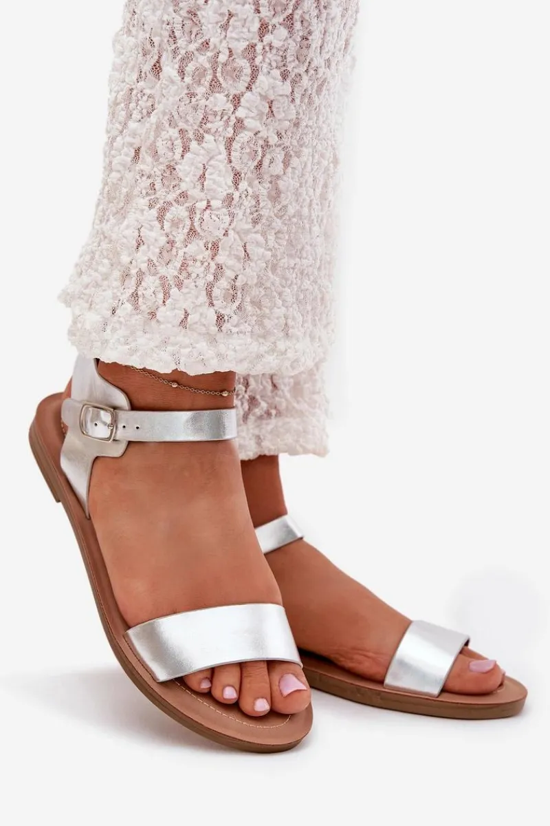 Best Boto Sandały Damskie Na Płaskim Obcasie Eko Skórzane Srebrne Kivara Srebrny