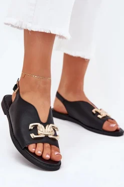 New Sandały Damskie Na Płaskim Obcasie Ze Złotą Ozdobą Czarne Amelira Damskie Sandały Płaskie