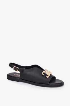 New Sandały Damskie Na Płaskim Obcasie Ze Złotą Ozdobą Czarne Amelira Damskie Sandały Płaskie