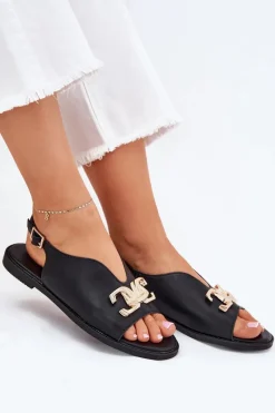 New Sandały Damskie Na Płaskim Obcasie Ze Złotą Ozdobą Czarne Amelira Damskie Sandały Płaskie