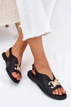 New Sandały Damskie Na Płaskim Obcasie Ze Złotą Ozdobą Czarne Amelira Damskie Sandały Płaskie